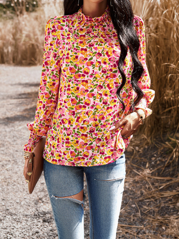Floral blouses- Floral High Ruffe Neck Long Sleeve Blouse- - Pekosa Women Clothing