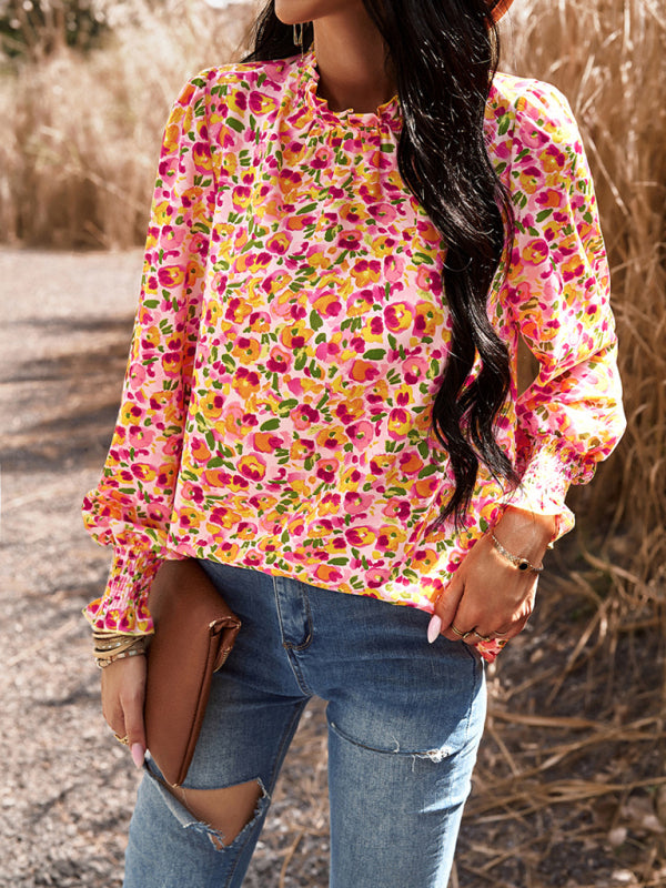 Floral blouses- Floral High Ruffe Neck Long Sleeve Blouse- - Pekosa Women Clothing