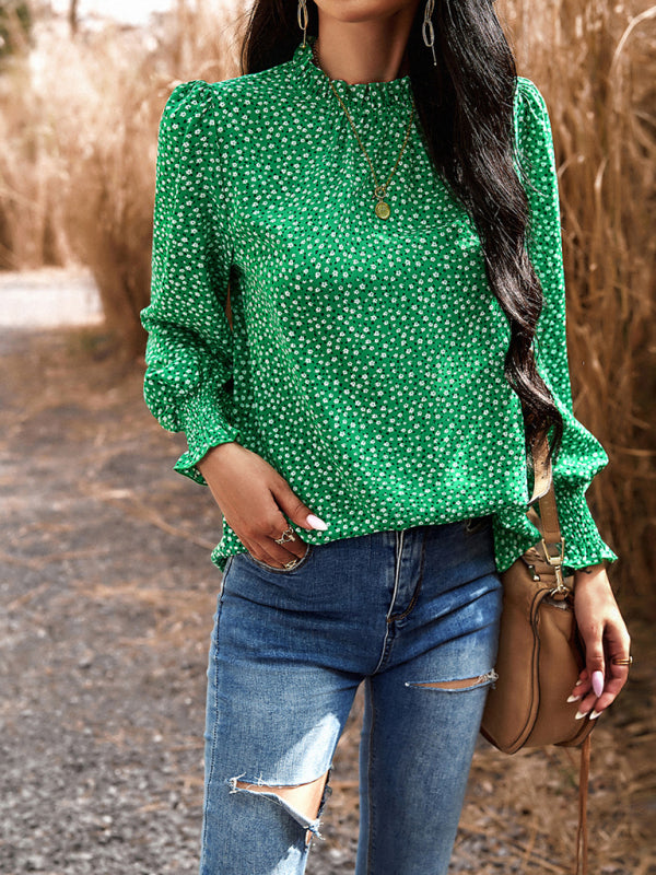 Floral blouses- Floral High Ruffe Neck Long Sleeve Blouse- - Pekosa Women Clothing
