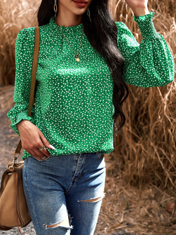 Floral blouses- Floral High Ruffe Neck Long Sleeve Blouse- - Pekosa Women Clothing