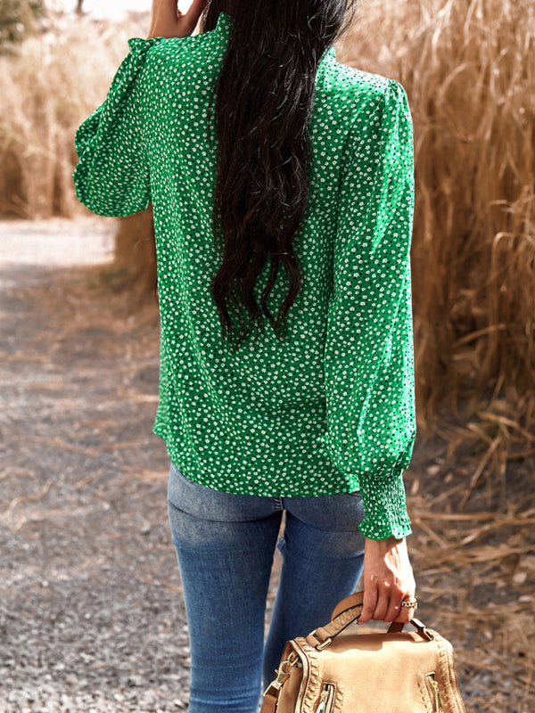 Floral blouses- Floral High Ruffe Neck Long Sleeve Blouse- - Pekosa Women Clothing