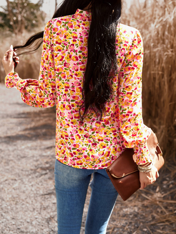 Floral blouses- Floral High Ruffe Neck Long Sleeve Blouse- - Pekosa Women Clothing