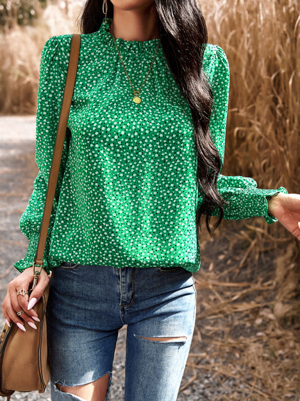 Floral blouses- Floral High Ruffe Neck Long Sleeve Blouse- - Pekosa Women Clothing