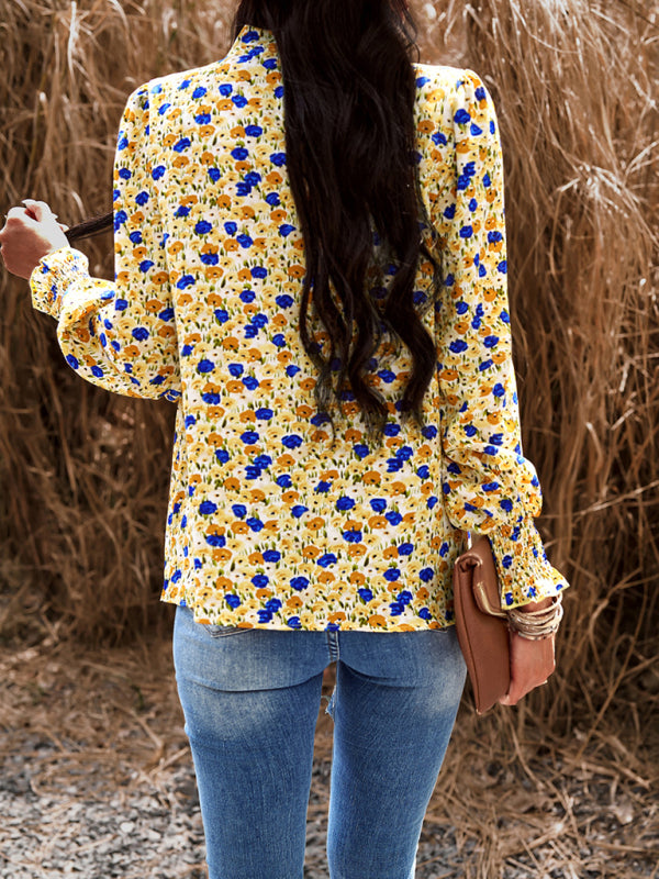 Floral blouses- Floral High Ruffe Neck Long Sleeve Blouse- - Pekosa Women Clothing