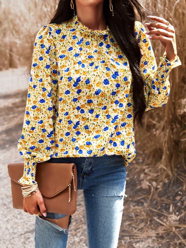 Floral blouses- Floral High Ruffe Neck Long Sleeve Blouse- - Pekosa Women Clothing