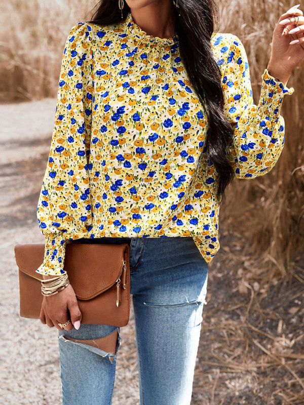Floral blouses- Floral High Ruffe Neck Long Sleeve Blouse- - Pekosa Women Clothing