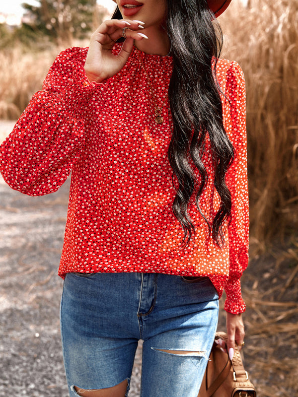 Floral blouses- Floral High Ruffe Neck Long Sleeve Blouse- - Pekosa Women Clothing