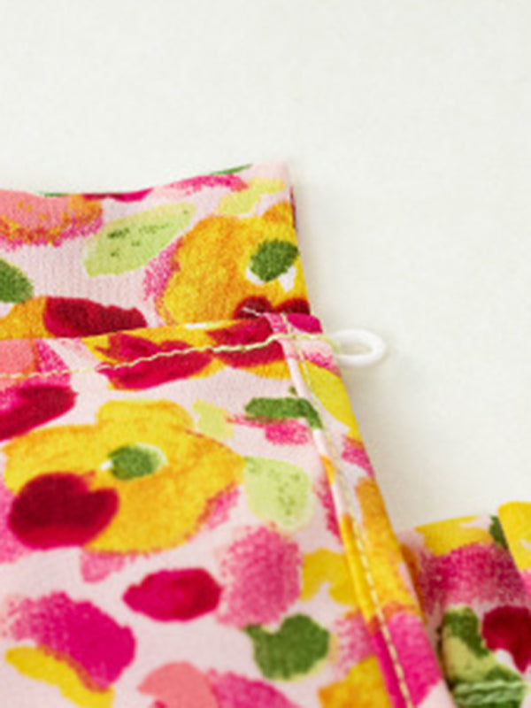 Floral blouses- Floral High Ruffe Neck Long Sleeve Blouse- - Pekosa Women Clothing