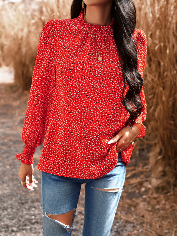 Floral blouses- Floral High Ruffe Neck Long Sleeve Blouse- - Pekosa Women Clothing
