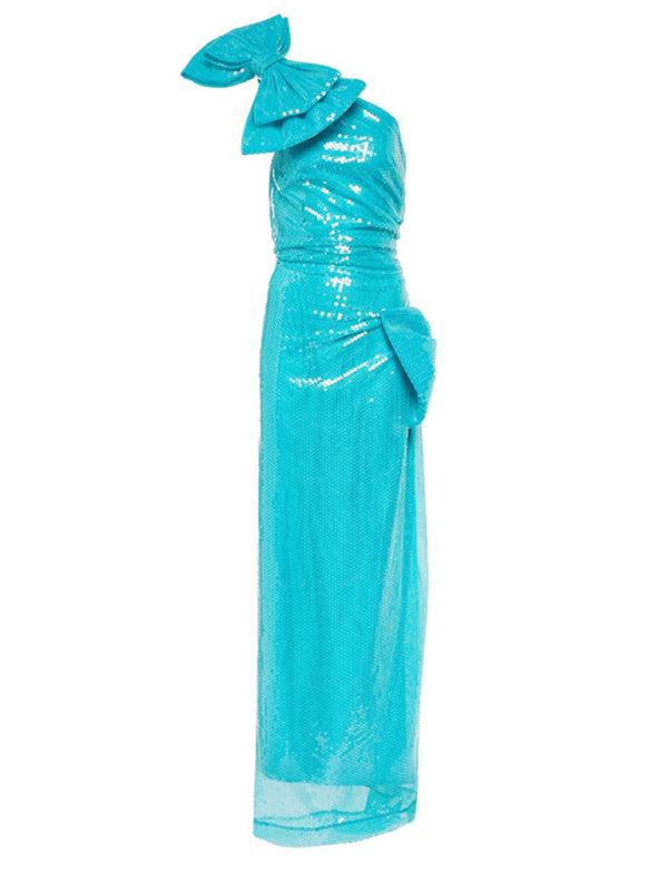 Gowns- Black Tie Wedding Dress - Sparkly Sequined One Shoulder Maxi Gown- - Pekosa Women Clothing