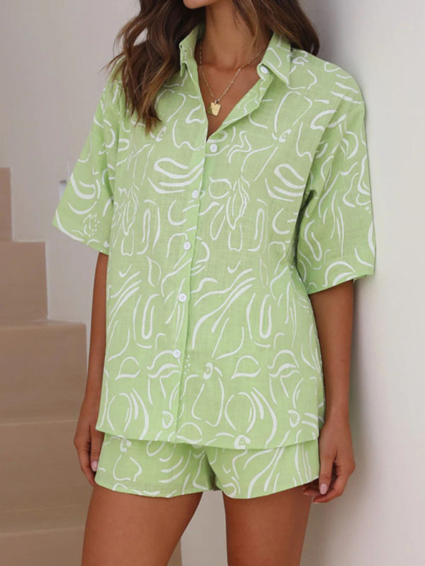 Hawaiian Outfits- Women's 2-Piece Hawaiian Shirt and Shorts Set for Summer- Green- Pekosa Women Clothing