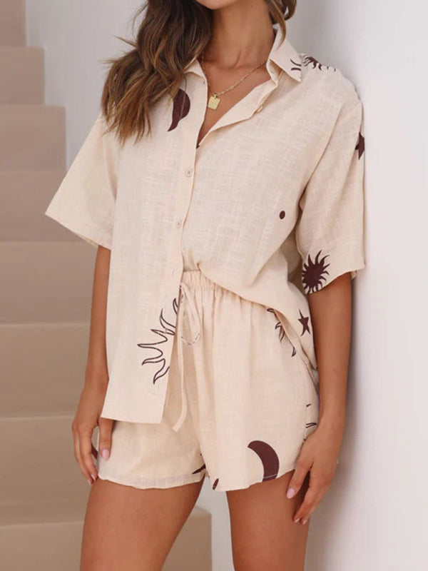 Hawaiian Outfits- Women's 2-Piece Hawaiian Shirt and Shorts Set for Summer- - Pekosa Women Clothing