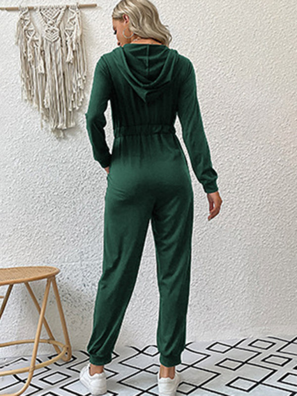 Hooded Coveralls- Hooded Coveralls - Zip-Front Jumpsuit with Pockets, Elastic Waistband- - Pekosa Women Clothing
