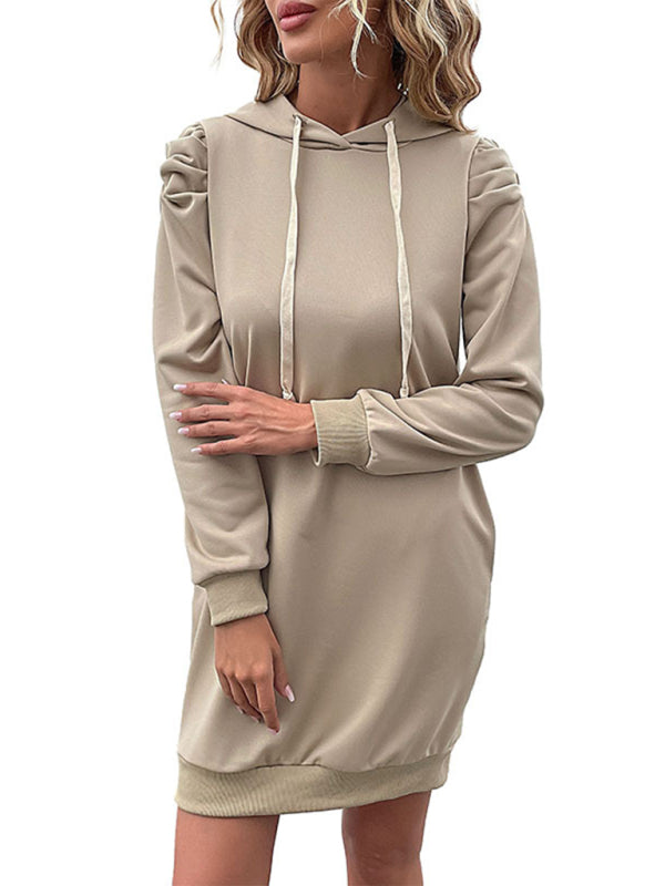Hoodie Dresses- Solid Puff Long Sleeve Hoodie Dress- - Pekosa Women Clothing