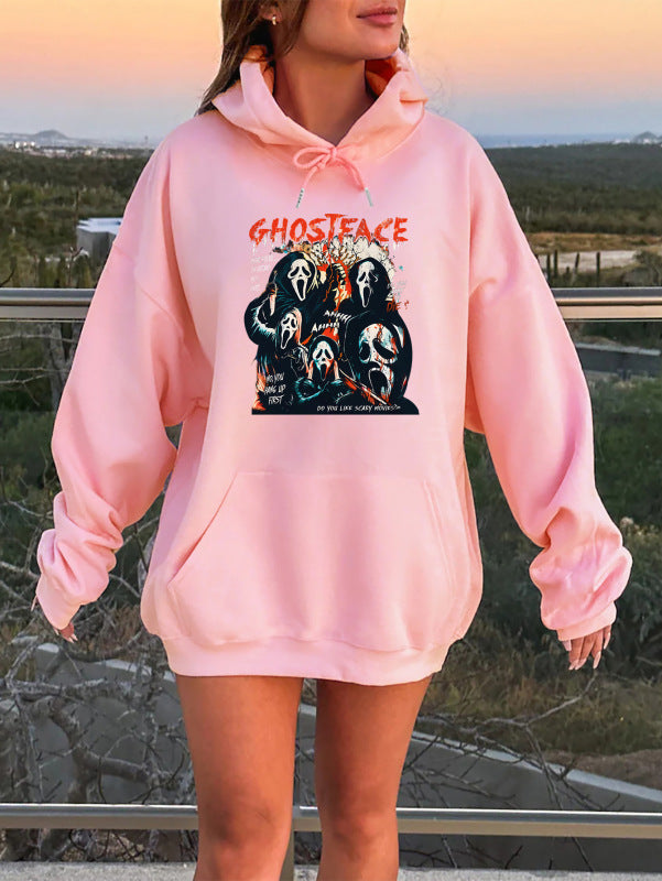 Hoodies- Halloween Hoodie Horror Print Tracksuit Sweatshirt- Pink- Pekosa Women Clothing