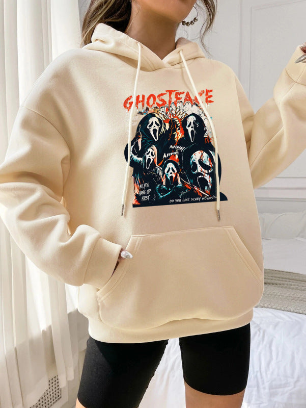 Hoodies- Halloween Hoodie Horror Print Tracksuit Sweatshirt- Cracker khaki- Pekosa Women Clothing