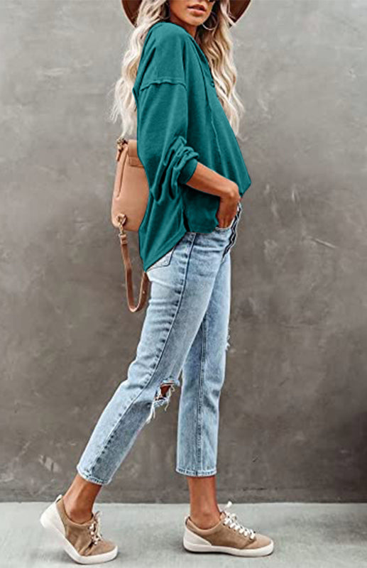 Hoodies- Oversized Cotton Blend Hoodie - Button-Down, Drop Shoulders Sweatshirt- - Pekosa Women Clothing