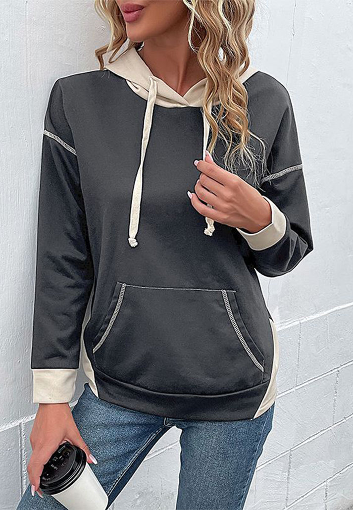 Hoodies- Oversized Kangaroo Pocket Hoodie - Hooded Sweatshirt- - Pekosa Women Clothing