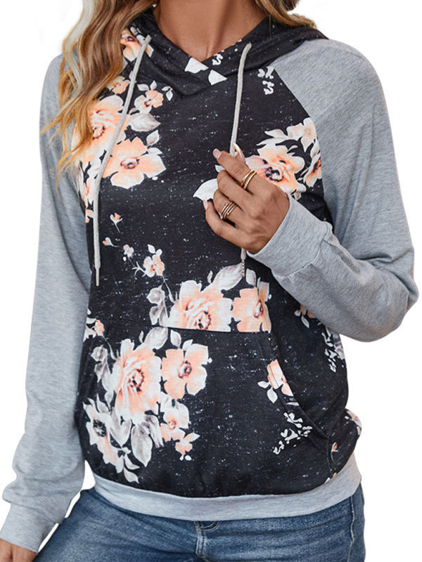 Hoodies- Patchwork Floral Print Kangaroo Pocket Hoodie Sweatshirt- - Pekosa Women Clothing