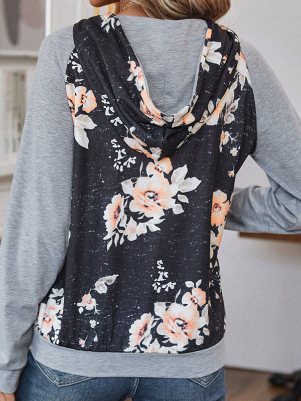 Hoodies- Patchwork Floral Print Kangaroo Pocket Hoodie Sweatshirt- - Pekosa Women Clothing