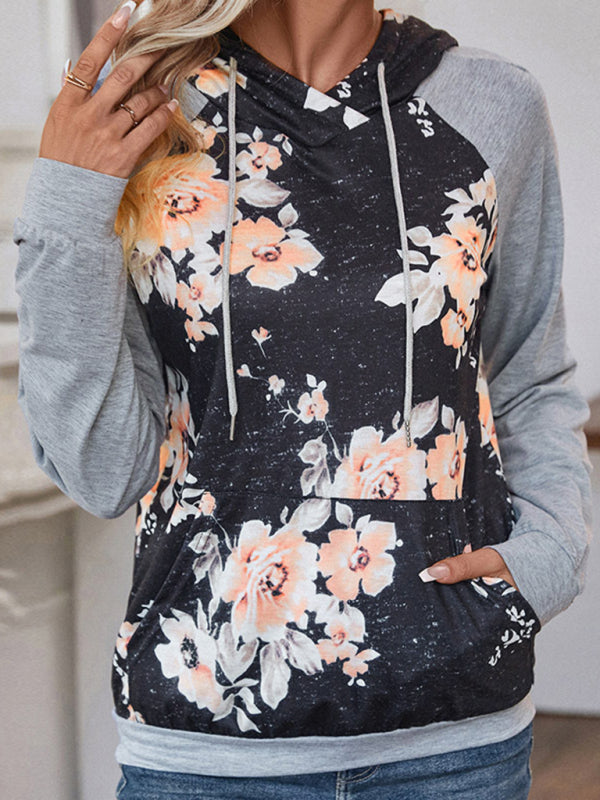 Hoodies- Patchwork Floral Print Kangaroo Pocket Hoodie Sweatshirt- - Pekosa Women Clothing