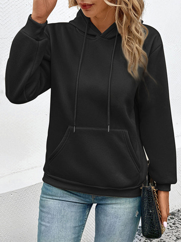Hoodies- Solid Fleece Kangaroo Pocket Hoodie Sweatshirt- - Pekosa Women Clothing