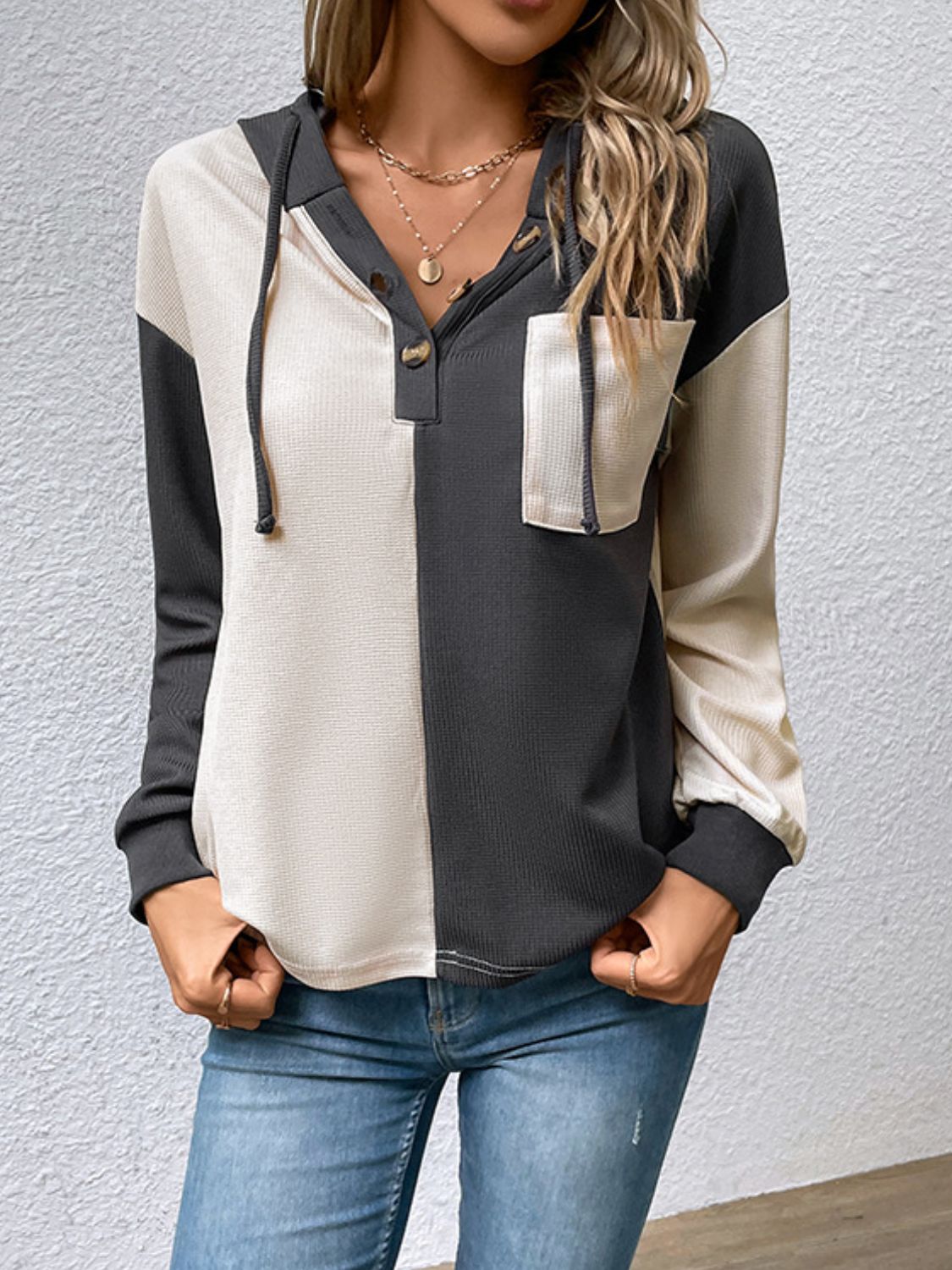 Hoodies- Trendy Women's Hoodie - Colorblock & Half Button Sweatshirt- - Pekosa Women Clothing