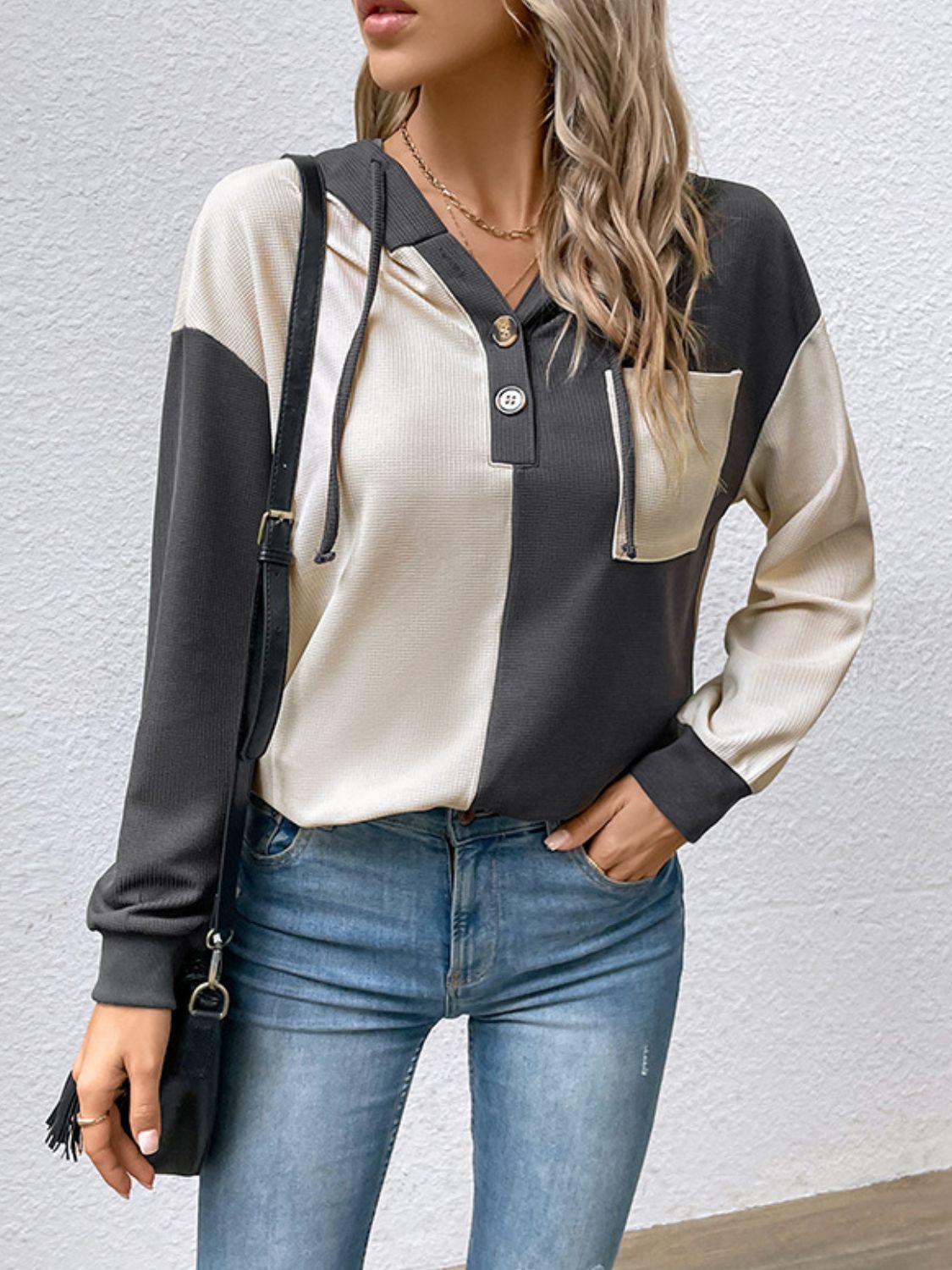 Hoodies- Trendy Women's Hoodie - Colorblock & Half Button Sweatshirt- - Pekosa Women Clothing