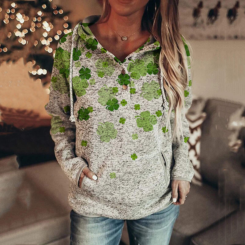 Hoodies- Women's St. Patrick's Day Hooded Sweatshirt with Four-Leaf Clover Print- Pattern2- Pekosa Women Clothing