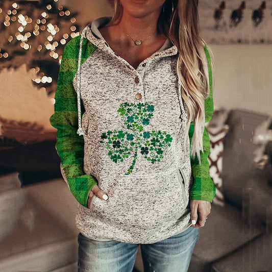 Hoodies- Women's St. Patrick's Day Hooded Sweatshirt with Four-Leaf Clover Print- Pattern1- Pekosa Women Clothing
