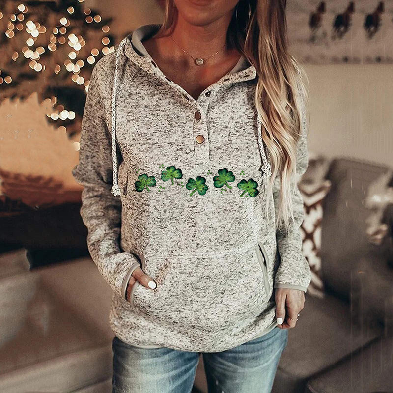 Hoodies- Women's St. Patrick's Day Hooded Sweatshirt with Four-Leaf Clover Print- Pattern4- Pekosa Women Clothing