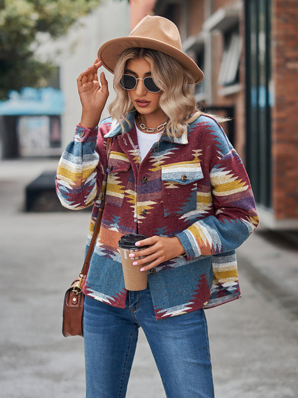 Jackets- Aztec Print Wool Cotton Shirt Jacket - Shacket- - Pekosa Women Clothing