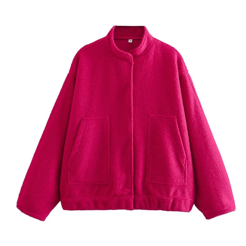 Jackets- Oversized Wool Outerwear | Stand Collar Wool Jacket- Rose- Pekosa Women Clothing