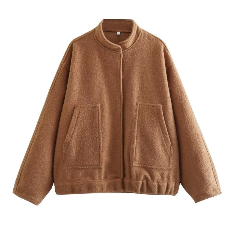 Jackets- Oversized Wool Outerwear | Stand Collar Wool Jacket- caramel- Pekosa Women Clothing