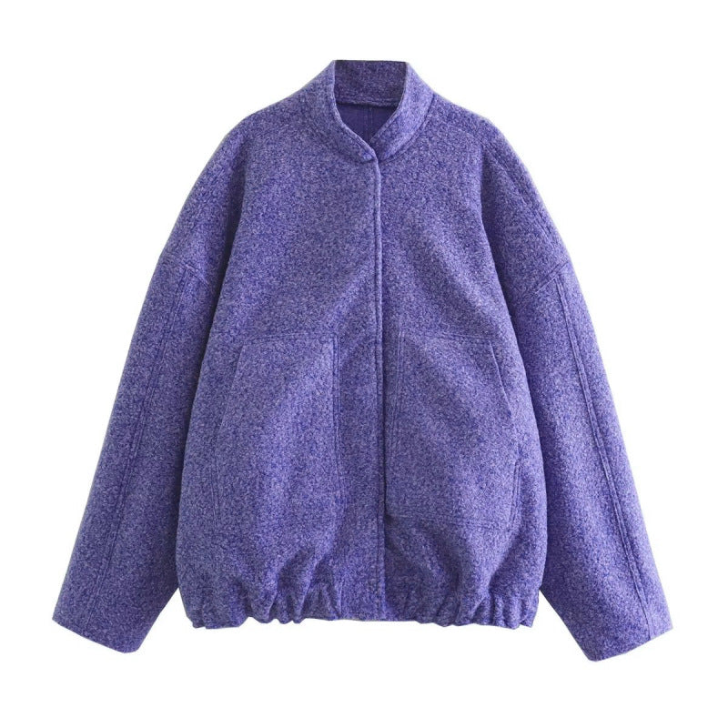 Jackets- Oversized Wool Outerwear | Stand Collar Wool Jacket- Purple- Pekosa Women Clothing