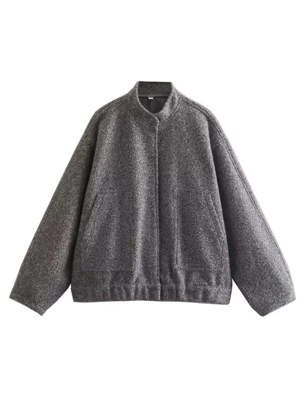 Jackets- Oversized Wool Outerwear | Stand Collar Wool Jacket- - Pekosa Women Clothing