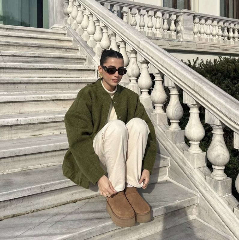 Jackets- Oversized Wool Outerwear | Stand Collar Wool Jacket- Olive green- Pekosa Women Clothing