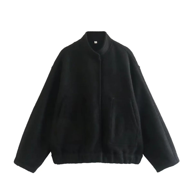 Jackets- Oversized Wool Outerwear | Stand Collar Wool Jacket- Black- Pekosa Women Clothing