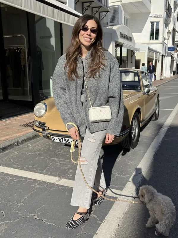 Jackets- Oversized Wool Outerwear | Stand Collar Wool Jacket- - Pekosa Women Clothing