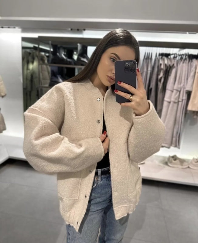 Jackets- Oversized Wool Outerwear | Stand Collar Wool Jacket- Cream- Pekosa Women Clothing