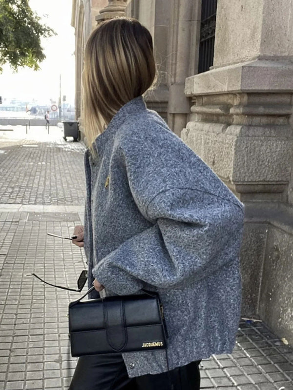 Jackets- Oversized Wool Outerwear | Stand Collar Wool Jacket- - Pekosa Women Clothing