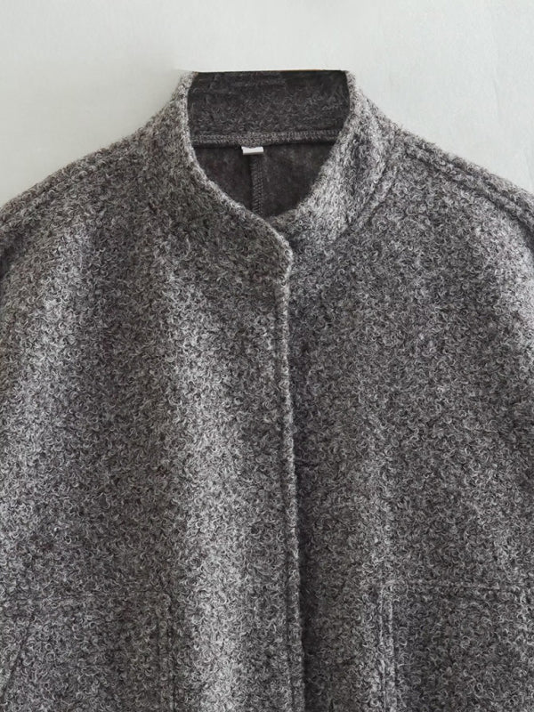 Jackets- Oversized Wool Outerwear | Stand Collar Wool Jacket- - Pekosa Women Clothing
