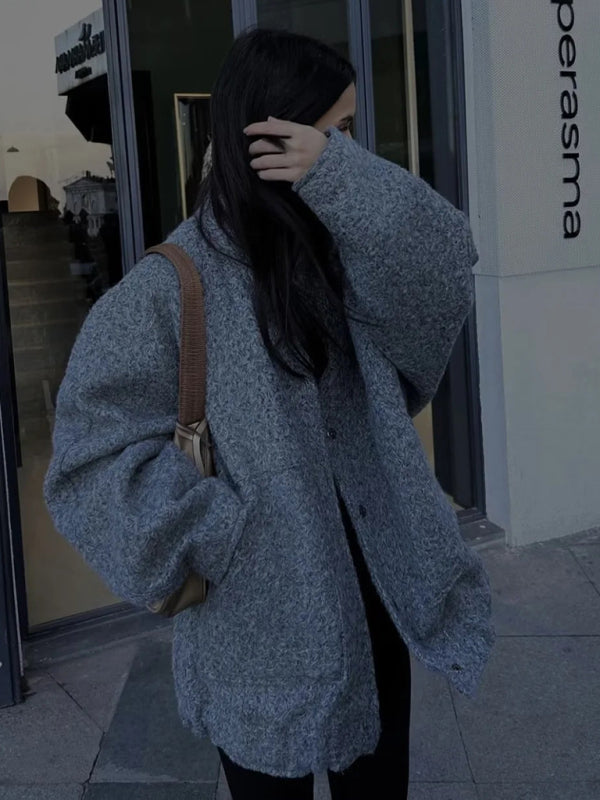 Jackets- Oversized Wool Outerwear | Stand Collar Wool Jacket- - Pekosa Women Clothing