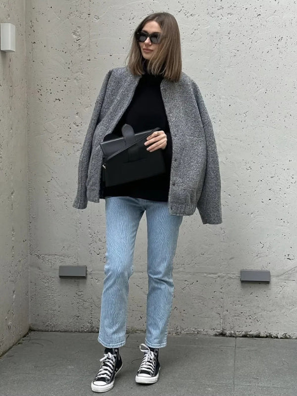 Jackets- Oversized Wool Outerwear | Stand Collar Wool Jacket- - Pekosa Women Clothing