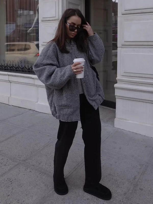 Jackets- Oversized Wool Outerwear | Stand Collar Wool Jacket- - Pekosa Women Clothing