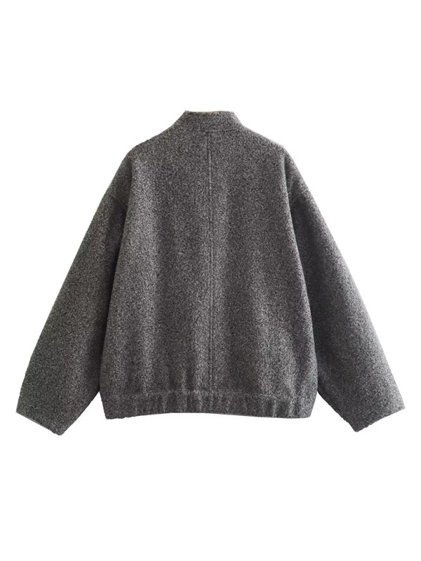 Jackets- Oversized Wool Outerwear | Stand Collar Wool Jacket- - Pekosa Women Clothing