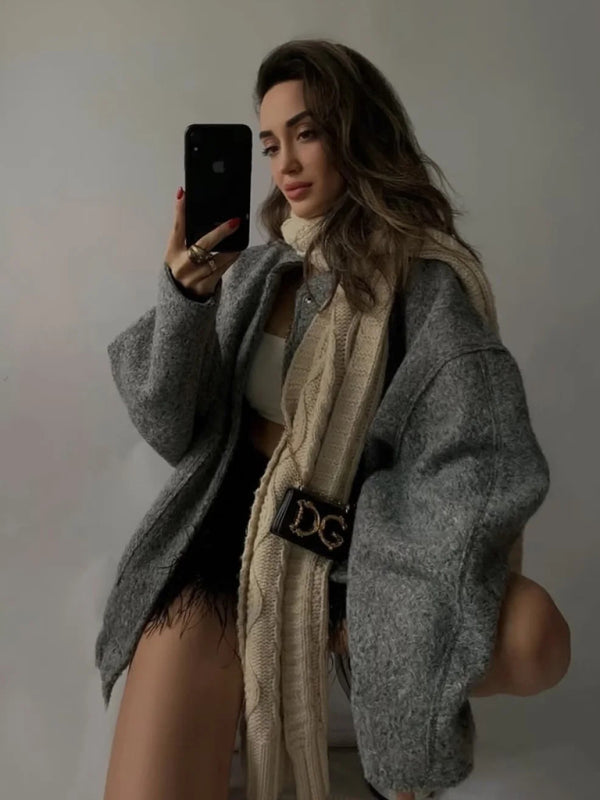 Jackets- Oversized Wool Outerwear | Stand Collar Wool Jacket- - Pekosa Women Clothing