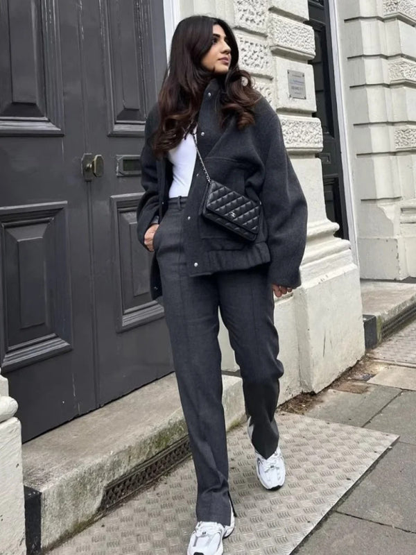 Jackets- Oversized Wool Outerwear | Stand Collar Wool Jacket- - Pekosa Women Clothing