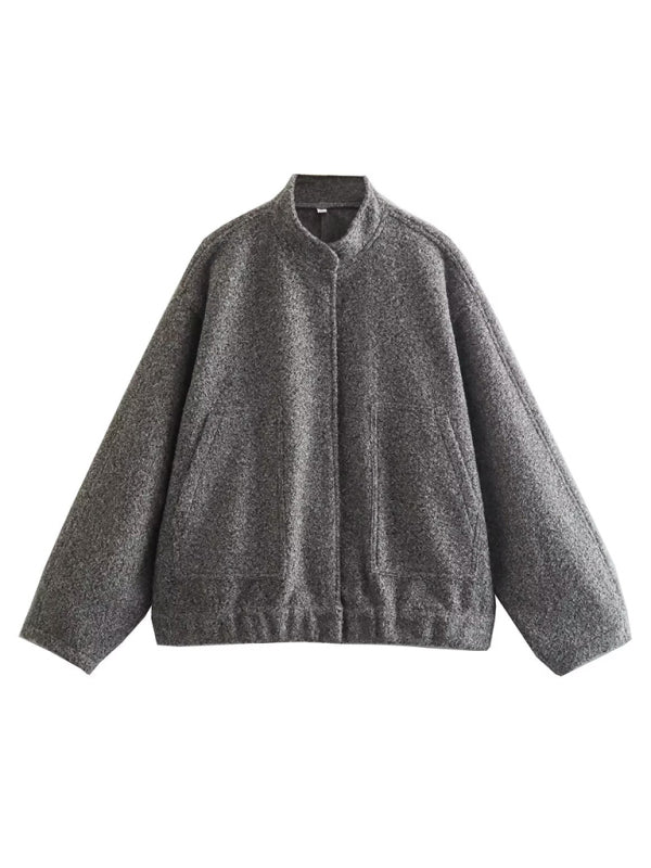 Jackets- Oversized Wool Outerwear | Stand Collar Wool Jacket- - Pekosa Women Clothing
