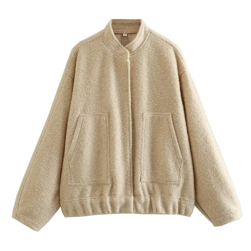 Jackets- Oversized Wool Outerwear | Stand Collar Wool Jacket- Khaki- Pekosa Women Clothing